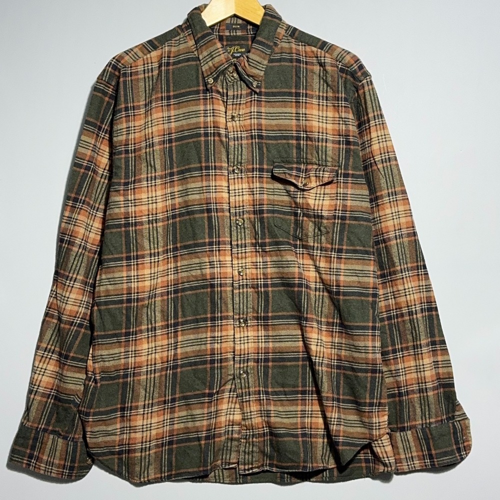 J.Crew Slim Button Down Shirt Mens Size XL Cashmere Blend Plaid Green Flannel‎